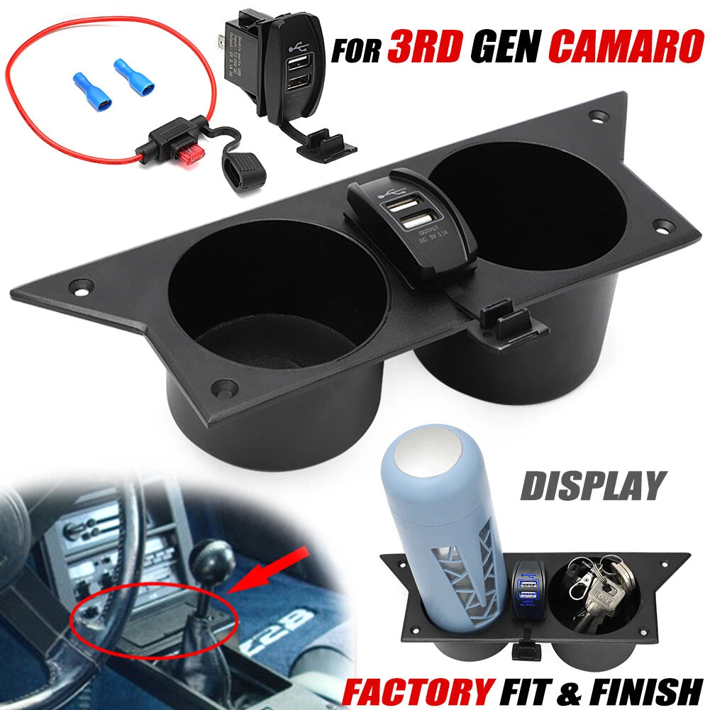 Aluminum Ash Tray Center Cup Holder with USB Charger for Chevy Camaro (1982–1992)