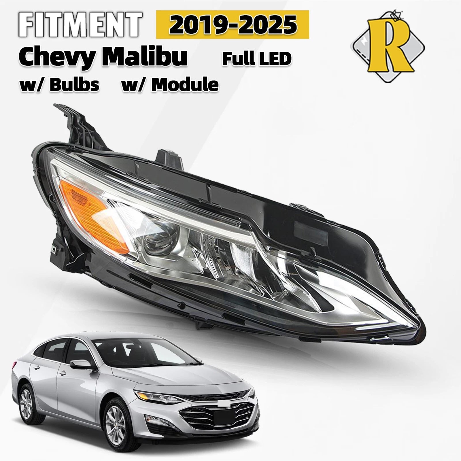 Full LED Headlight for Chevy Malibu (2019–2025) - Right Passenger, w/ Bulb