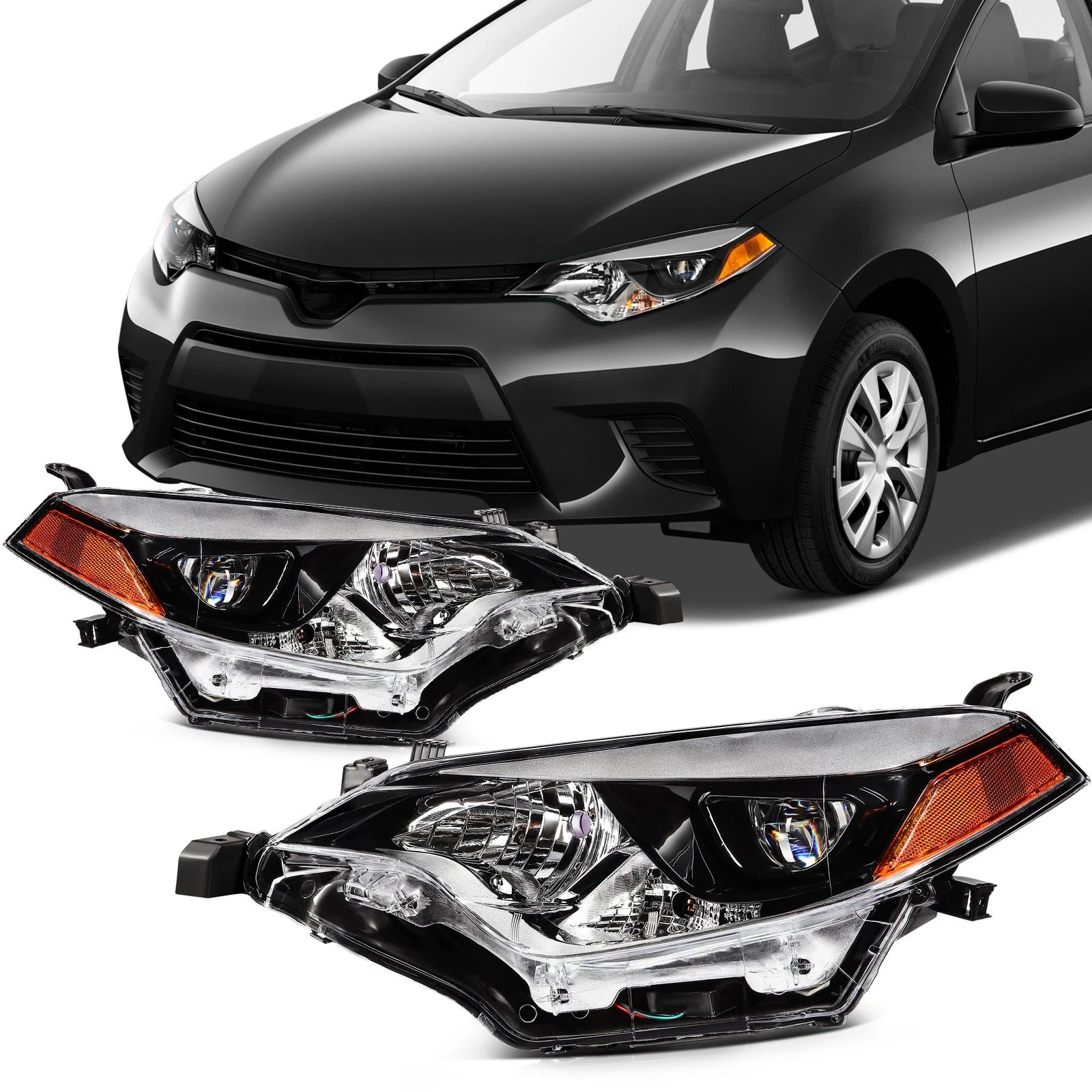 Headlight Assembly Pair for Toyota Corolla 2014–2016 (1.8L, Black Amber)