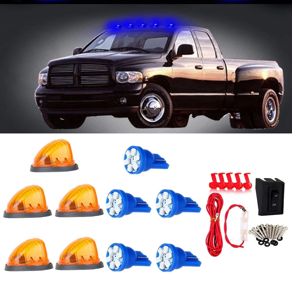 5X Amber Lens Cab Marker Running Lights + Blue LED Bulb + Wire Pack for Chevy