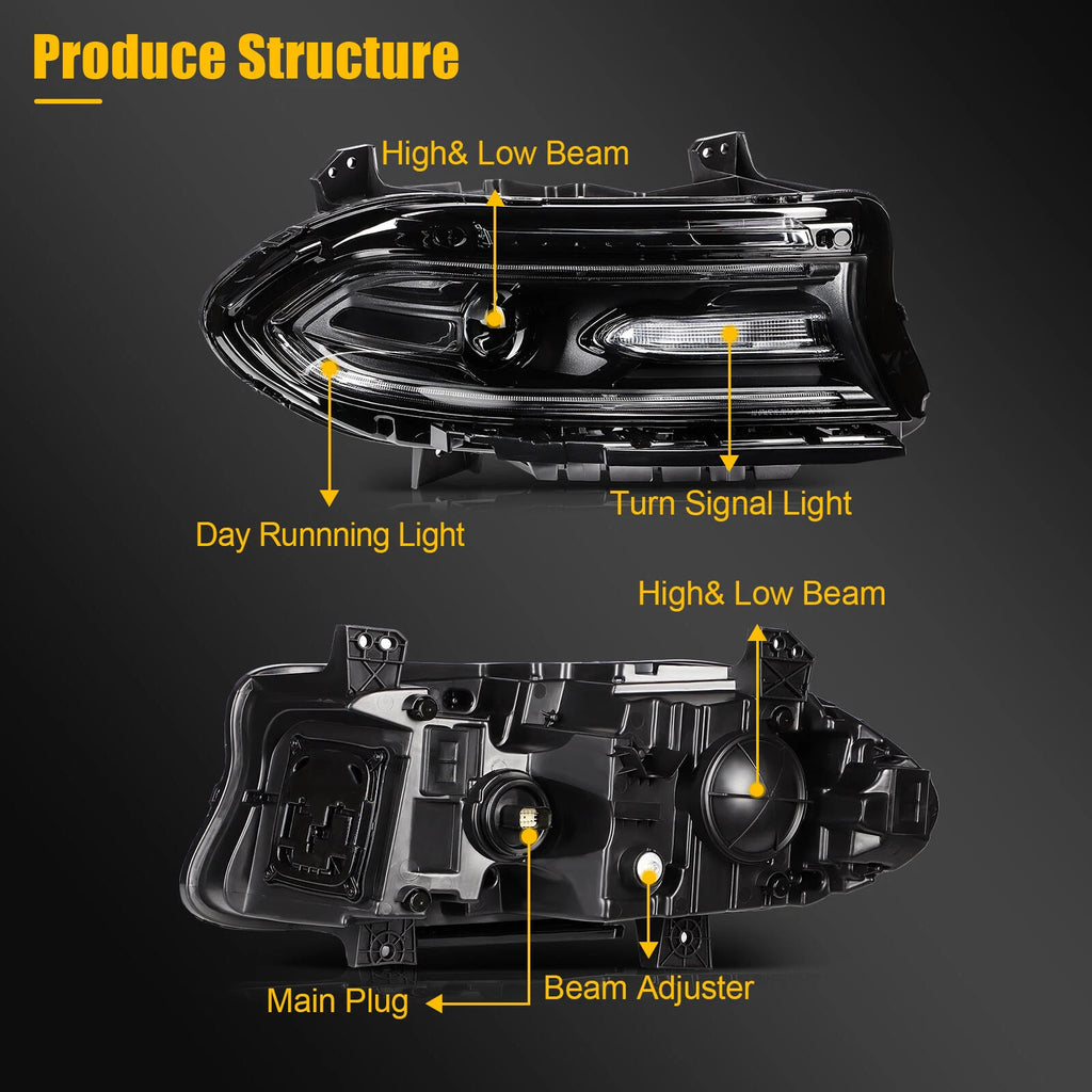 Pair Headlamp Headlights Assembly for Dodge Charger (2015–2023) Black Projector
