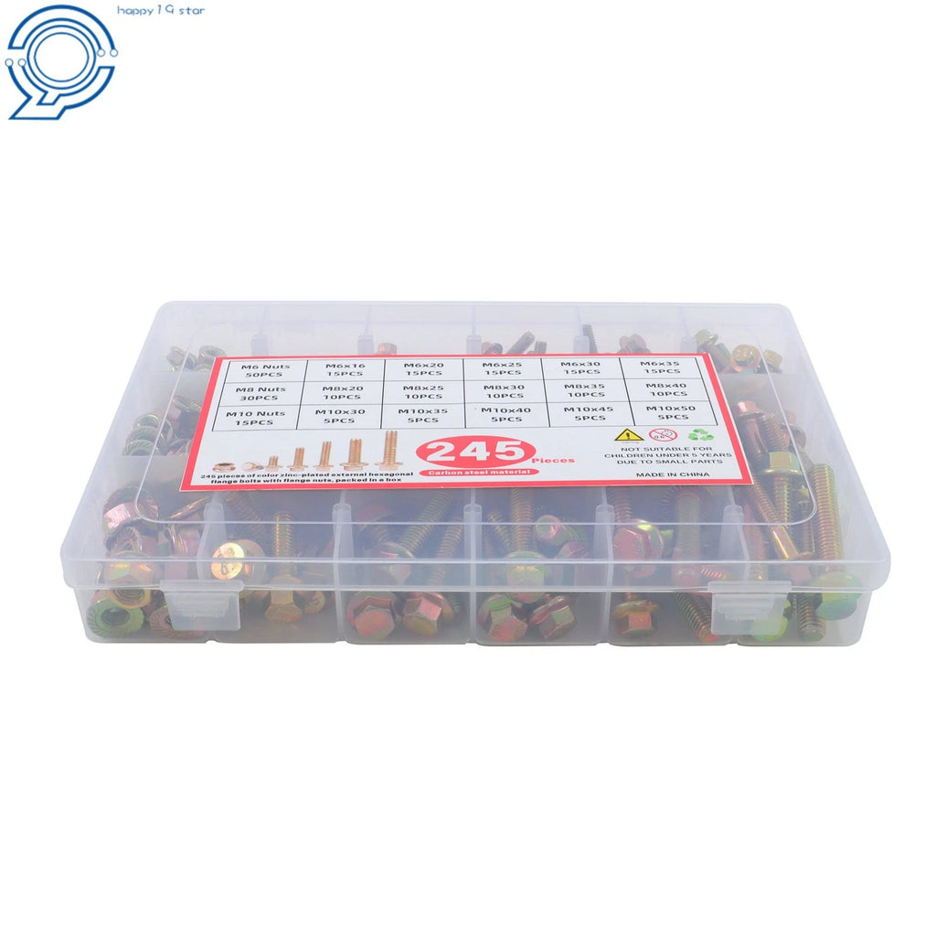 Set of 245 Heavy Duty Flanged Bolts and Nuts Kit for Metric Applications
