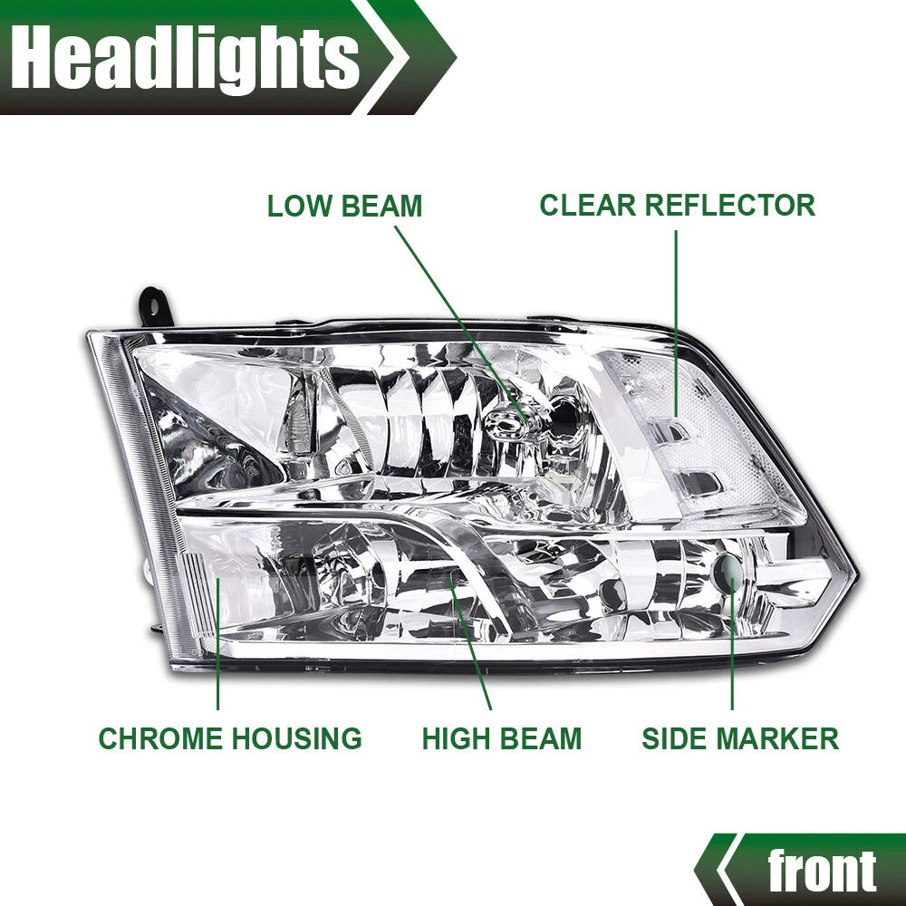 Set of 2 Clear Lens Chrome Headlights for Ram 1500 2500 3500