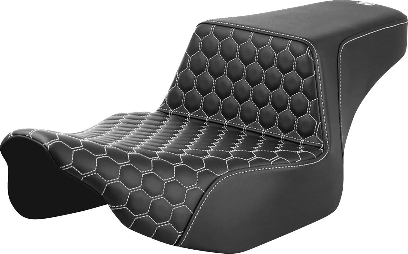 SADDLEMEN Step-Up Seat for Harley FL (Extended Reach, Honeycomb, White Stitch)