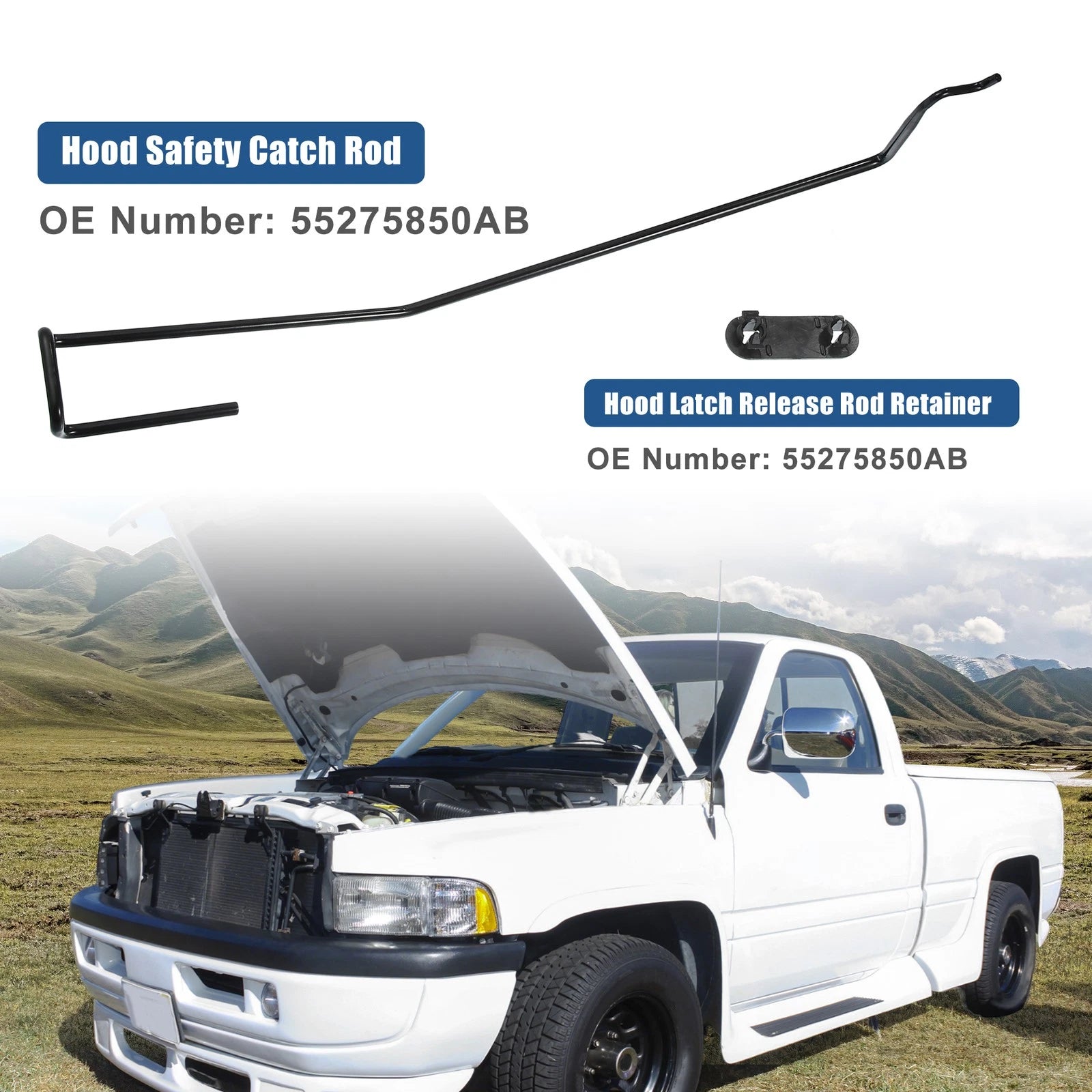 Hood Safety Latch Catch Rod and Retainer Clip Kit for Dodge 1500 2500 (2014–2023)