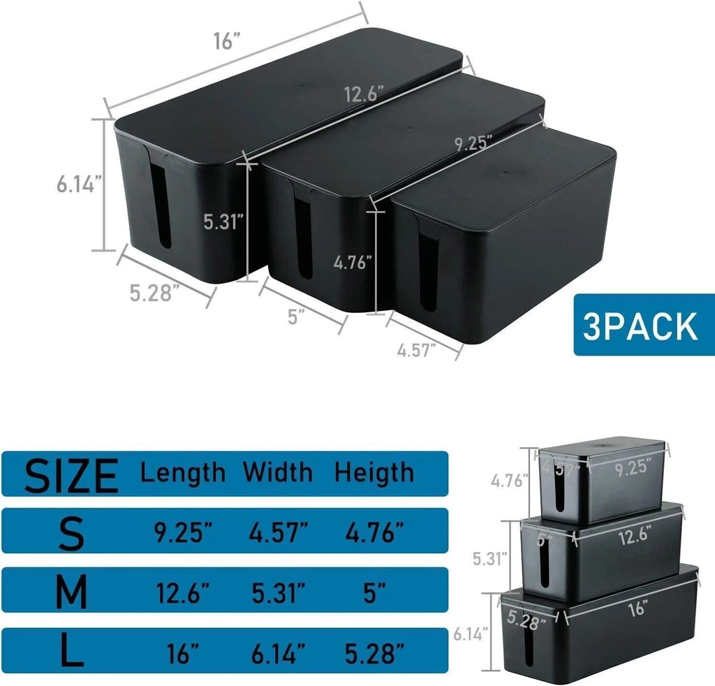 Cable Management Box for Organizing Wires and Power Strips (BK/WT)