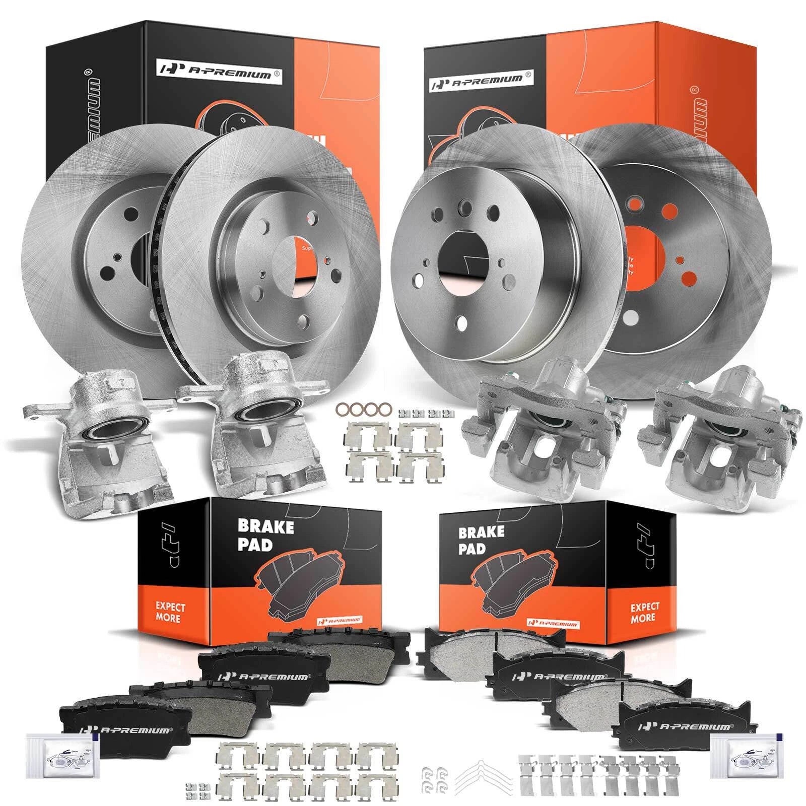 Front and Rear Brake Rotors, Pads, and Calipers for Toyota (2010-2020)