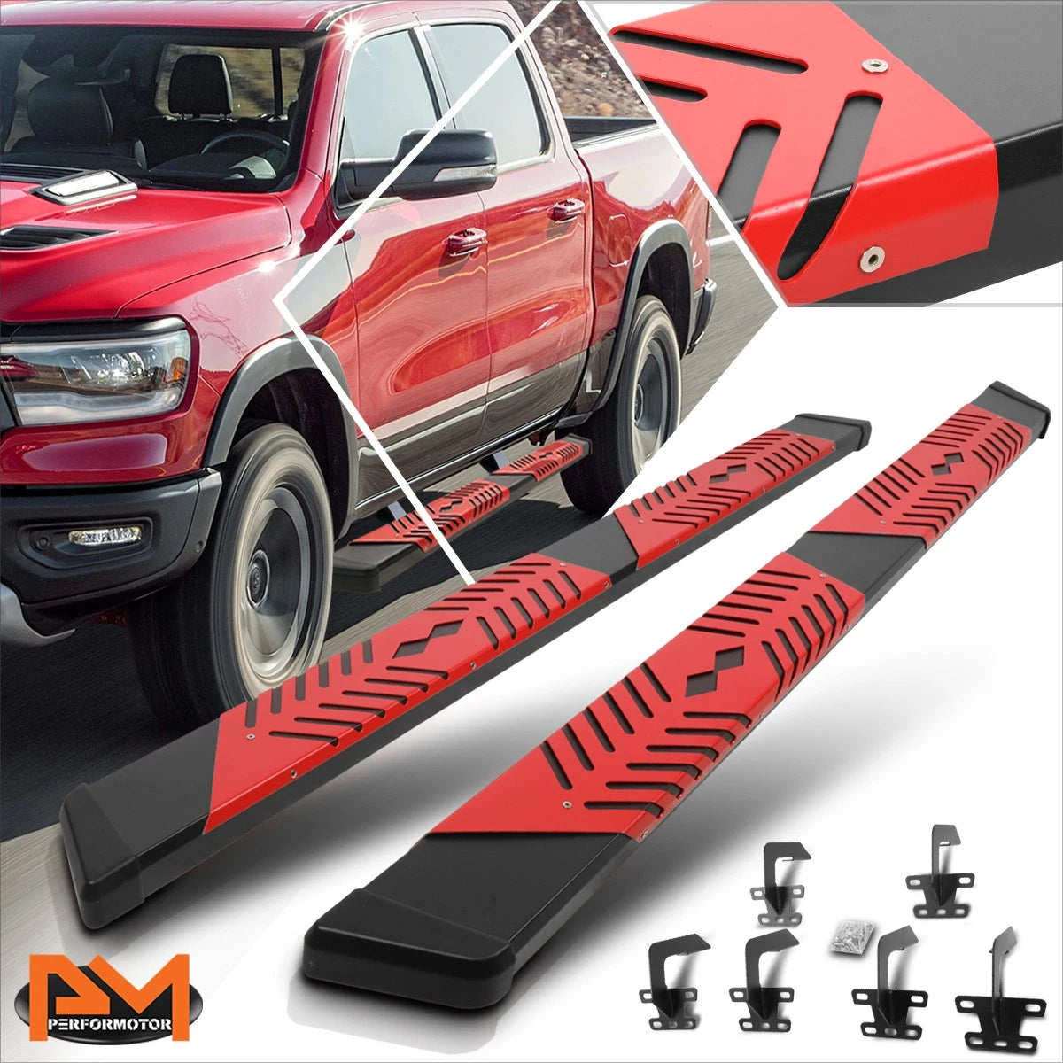 Set of 2 Nerf Bars for Ram 1500 Crew Cab (2019–2024) w/Red Step Pad