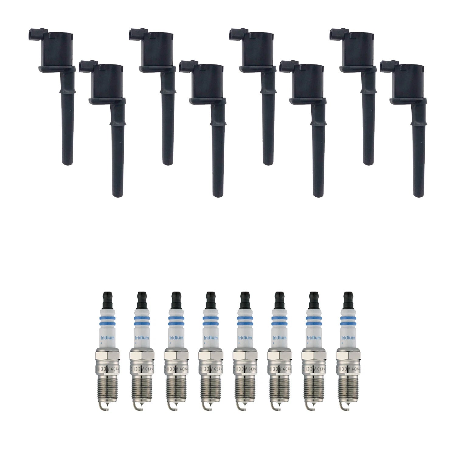 Set of 8 Ignition Coils & Spark Plugs for Mustang V8 (Hitachi, Bosch)