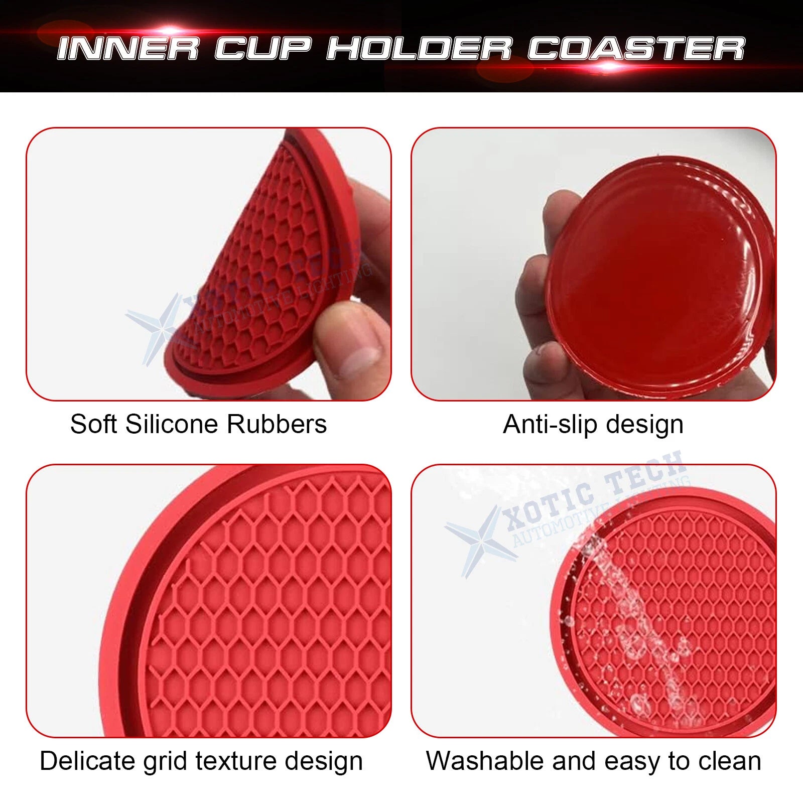 4-Piece Red Non-Slip Cup Coasters for Car (Universal, Embedded) (Set)