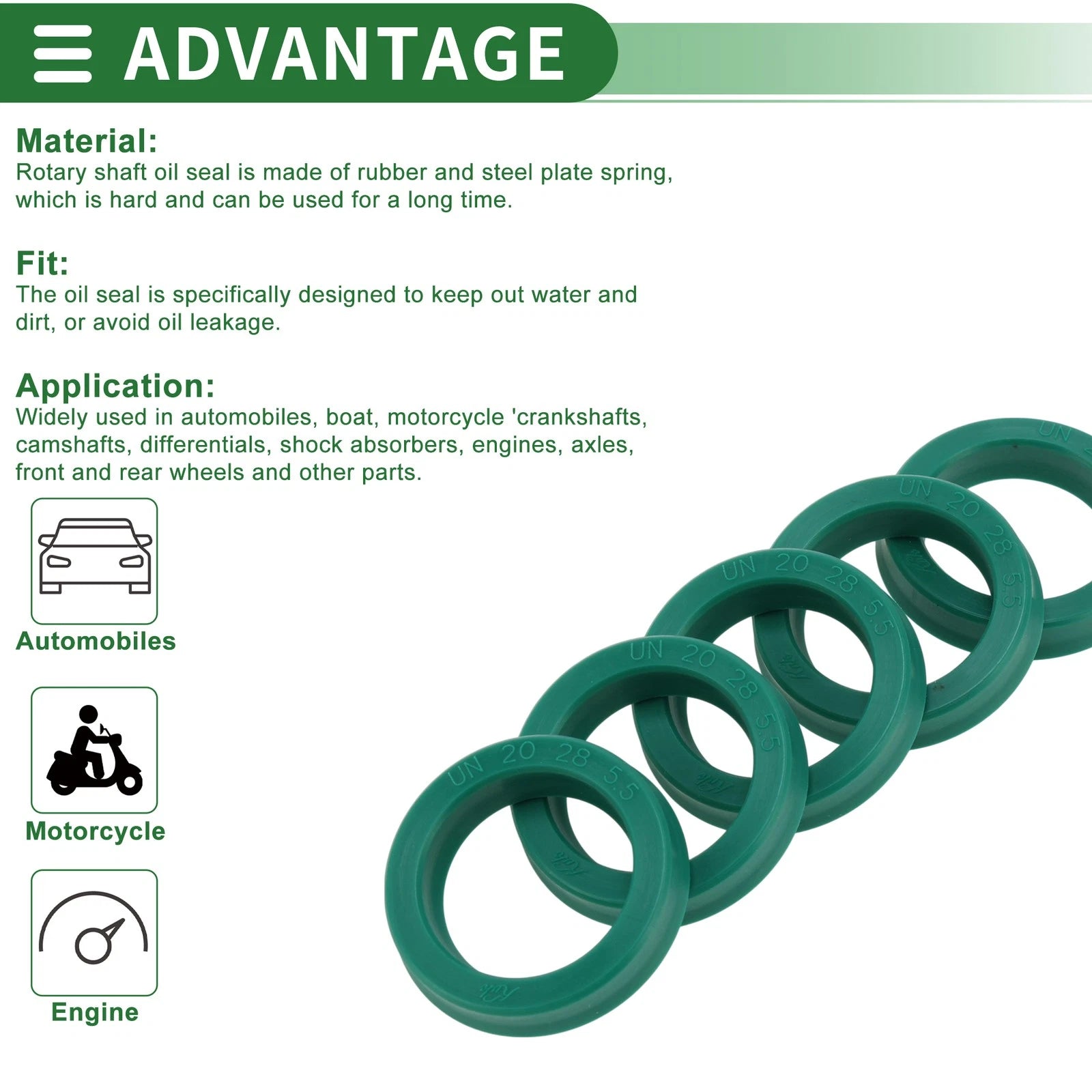 Set of 5 Oil Seal Rotary Shaft Seal 20x28x5.5mm High Pressure Green