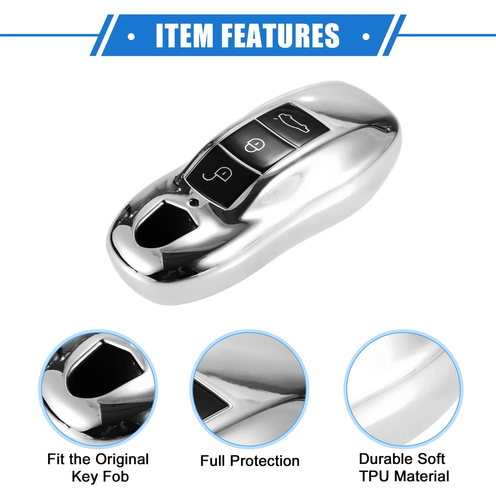 3 x Button Car Remote Key Fob Cover for Porsche Macan (2014-2022) TPU Silver Tone