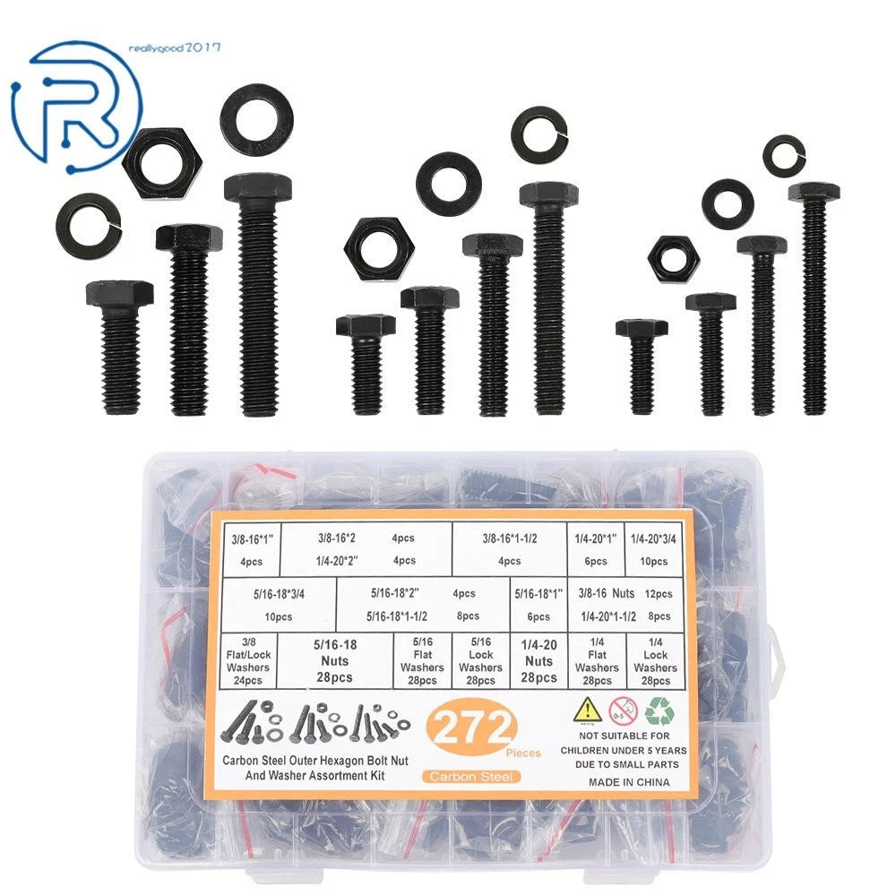 Set of 272 Hex Head Cap Bolts and Nuts Combination Kit Carbon Steel