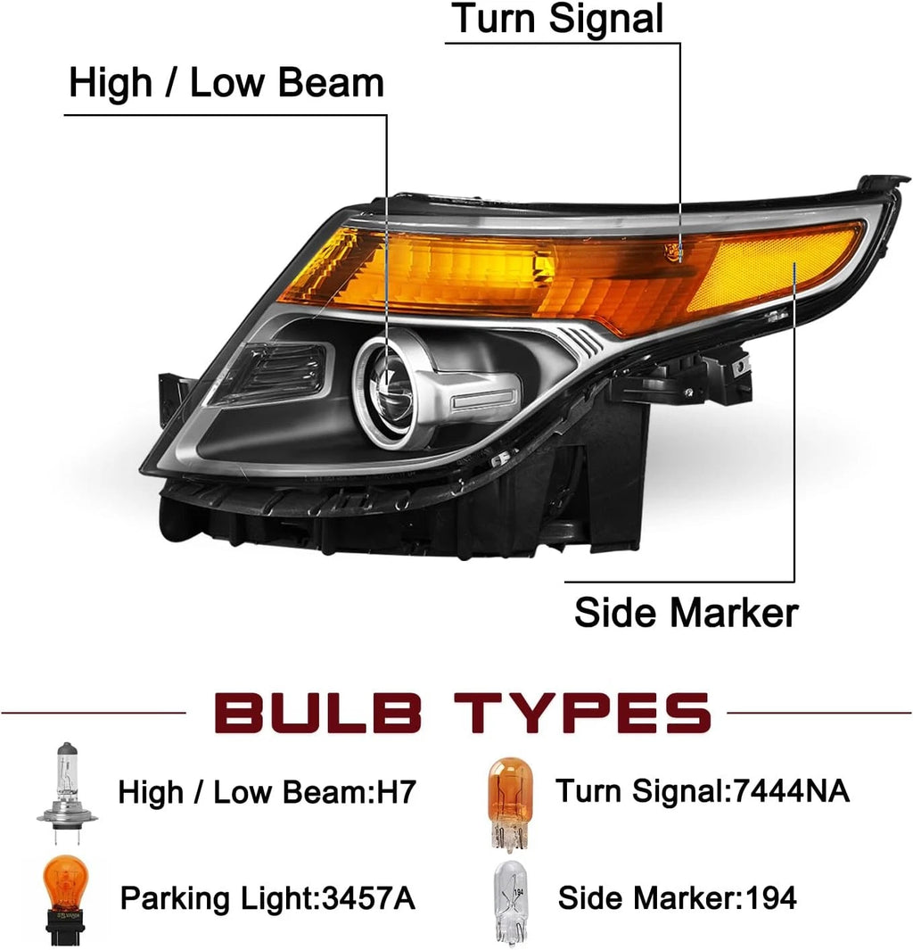 Set of 2 Halogen Chrome Housing Projector Headlights for Ford Explorer (2011–2015)