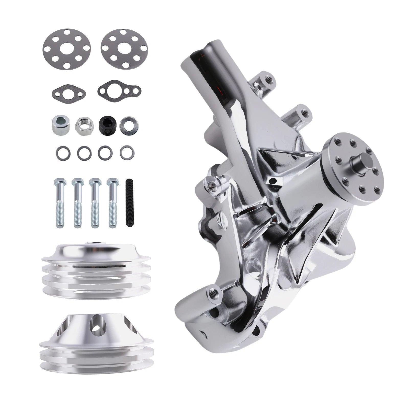 Chrome Water Pump with 2/3 Groove Crankshaft Pulley for SBC Chevy (265–350)