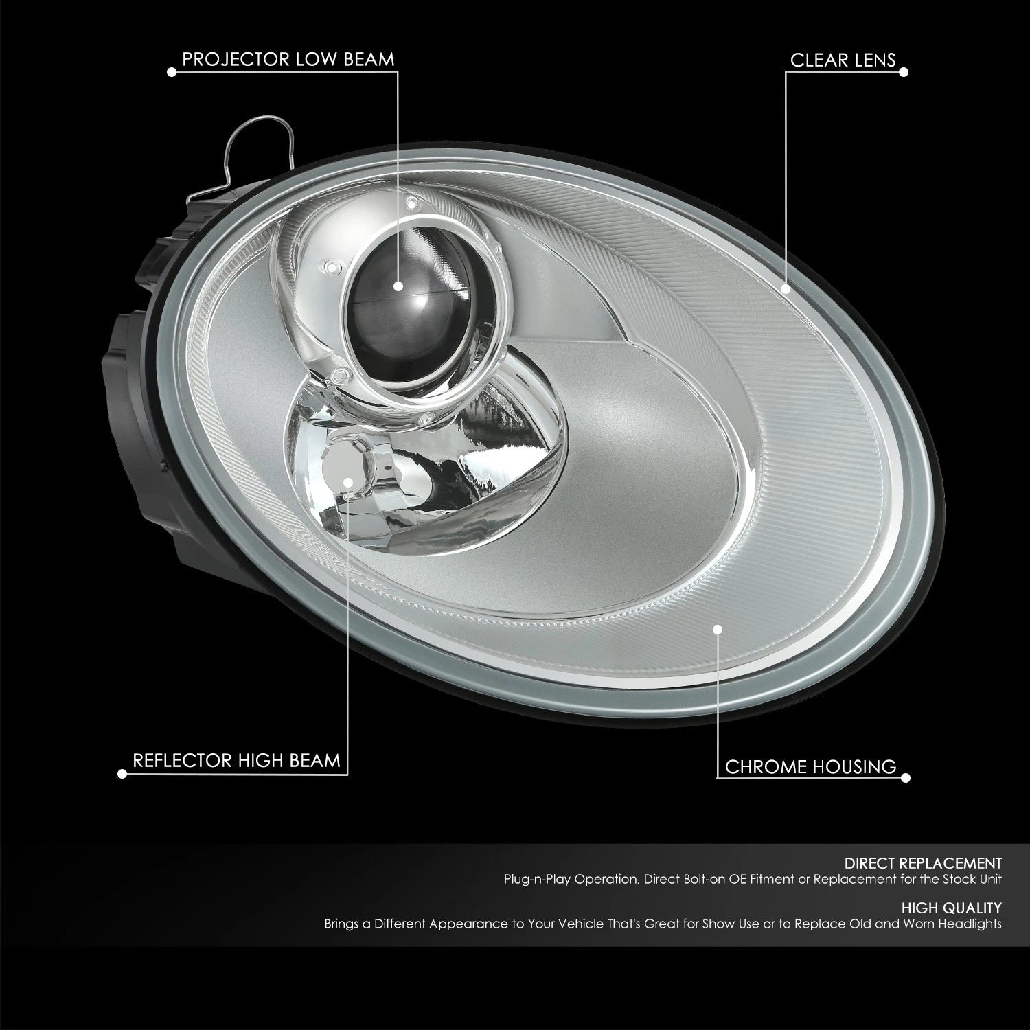 Chrome Clear Projector Headlight Lamp for Volkswagen Beetle (2006–2010)