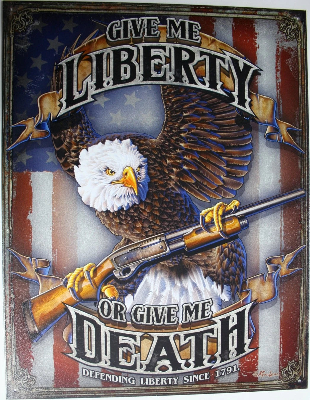 Tin Metal Sign Give Me Liberty or Death USA Flag Eagle Shotgun 2185