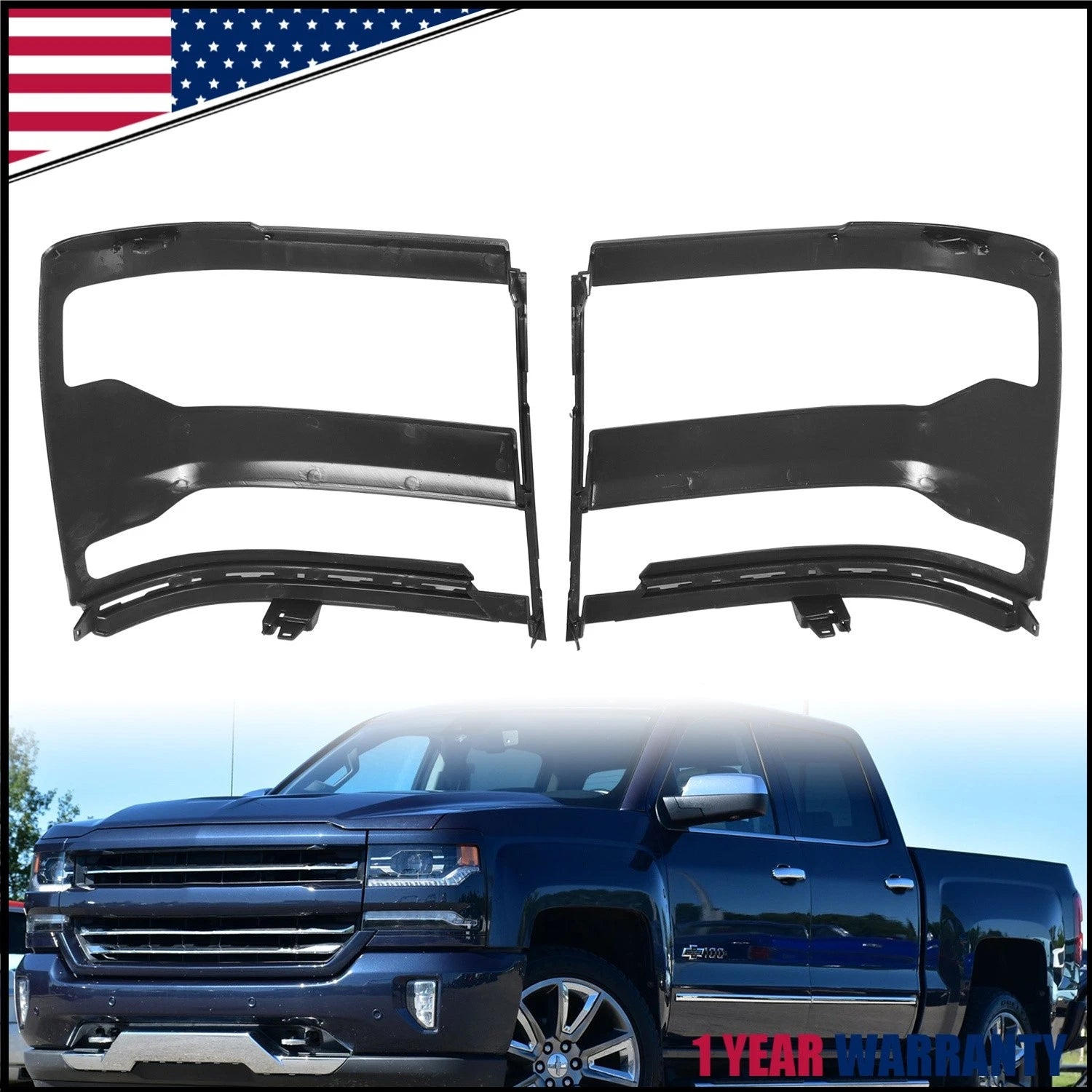 Pair of Black Headlight Trim Bezel Covers for Chevy Silverado 1500 (2016–2018)
