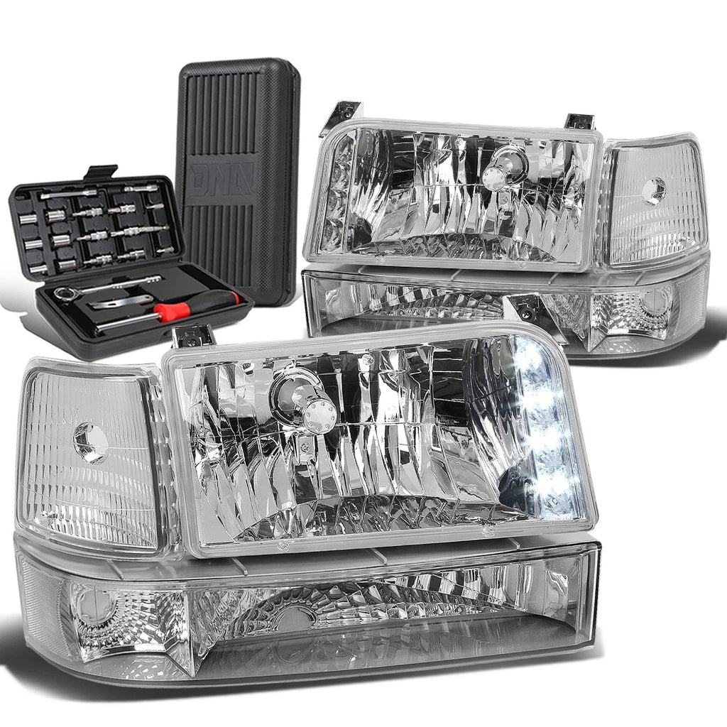 LED DRL Chrome Clear Bumper Headlight Lamps for Ford F-Series (1992–1996)