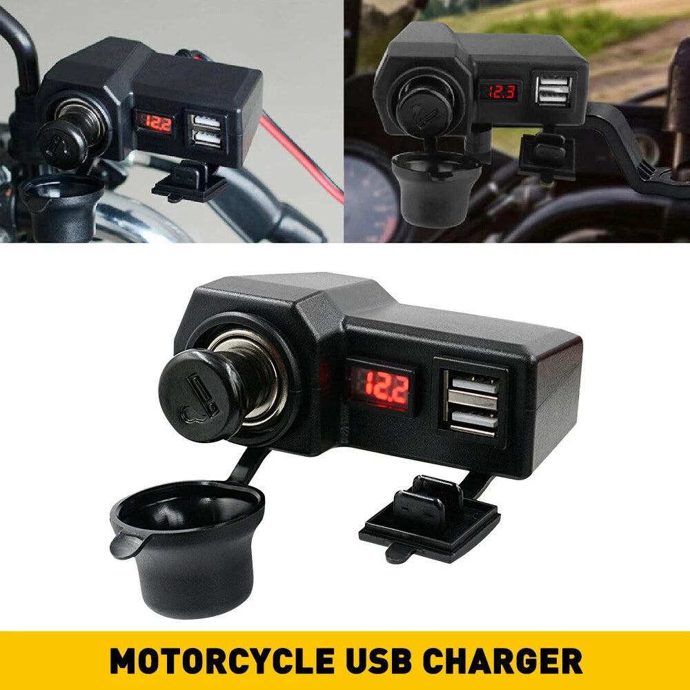 Dual USB Charger with LED Voltmeter for Motorcycle Handlebar