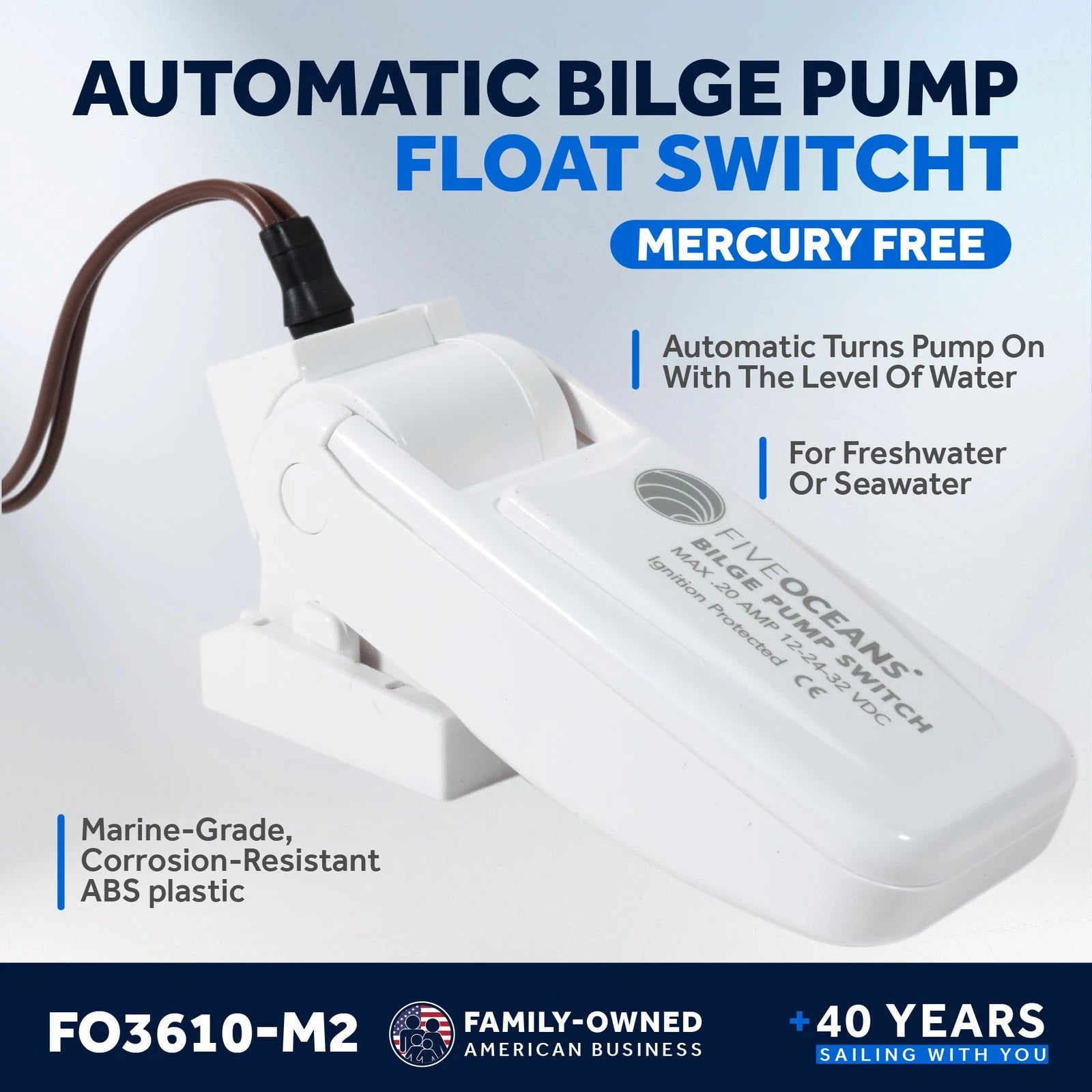 Automatic Bilge Pump Float Switch for Mercury (12-24-32 Volts, 20 Amps Max)