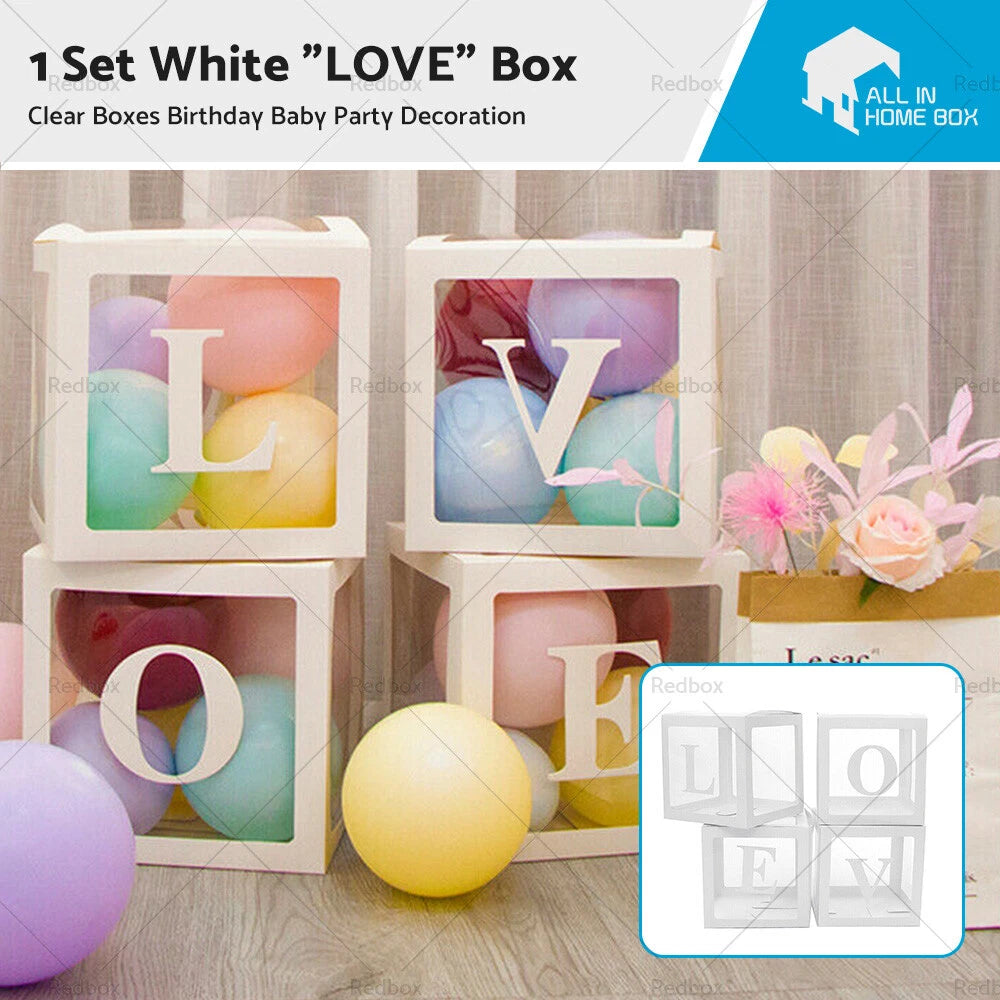 White LOVE Box Cube Clear Balloon Boxes for Birthday Baby Shower Party