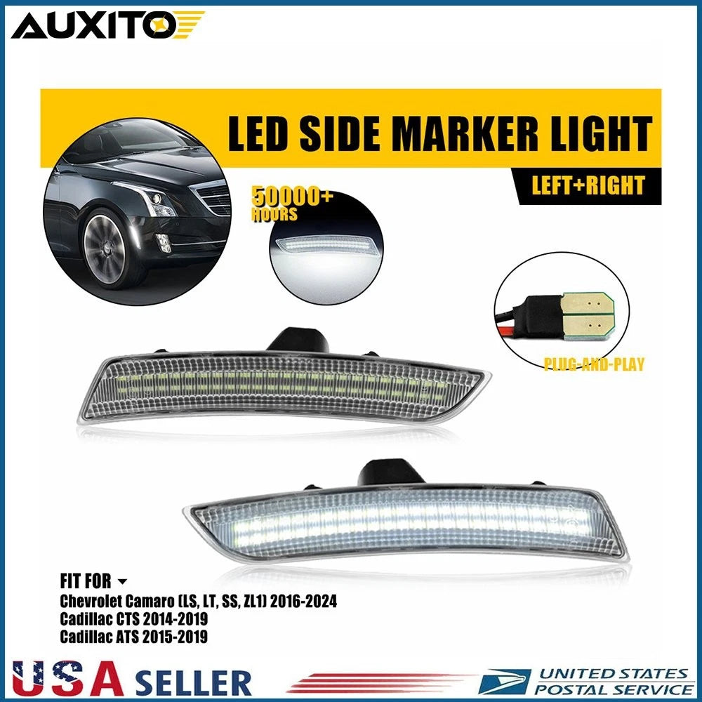 2X Clear Lens White LED Front Side Marker Lights for Cadillac CTS ATS (2015–2020)