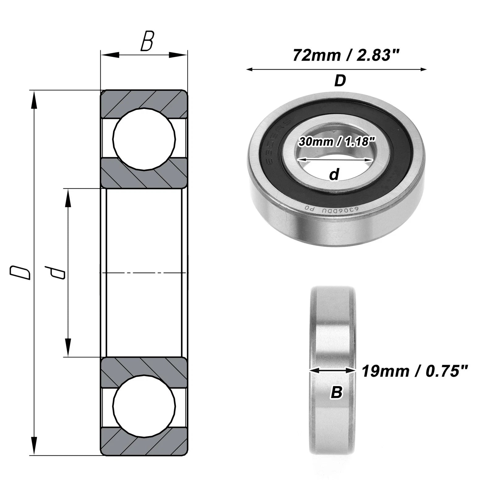 Deep Groove Ball Bearing 6306DDU for Scooter Skateboard (30x72x19mm)