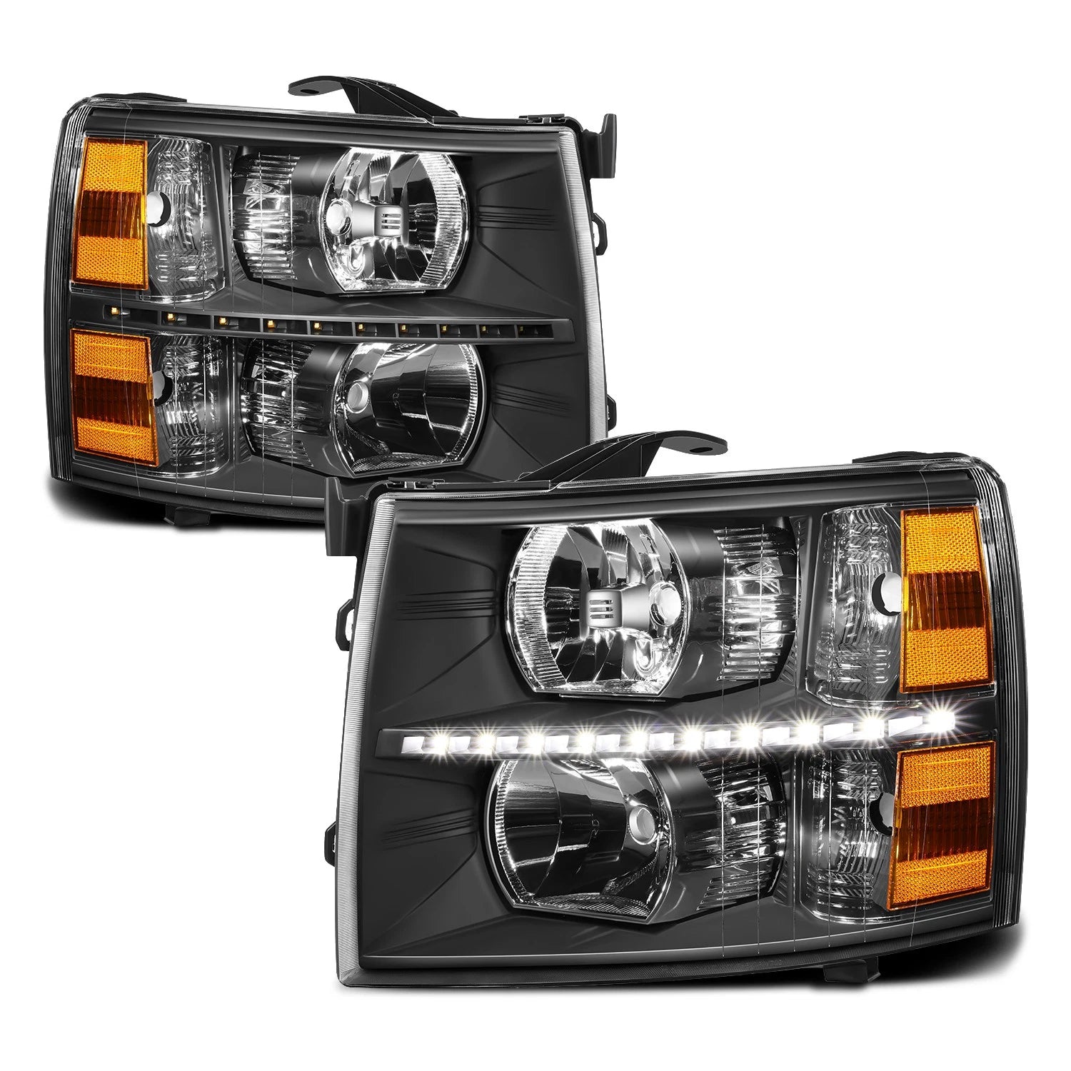 LED DRL Strip Headlight for Chevy Silverado (2007–2014) Black Housing Amber Side