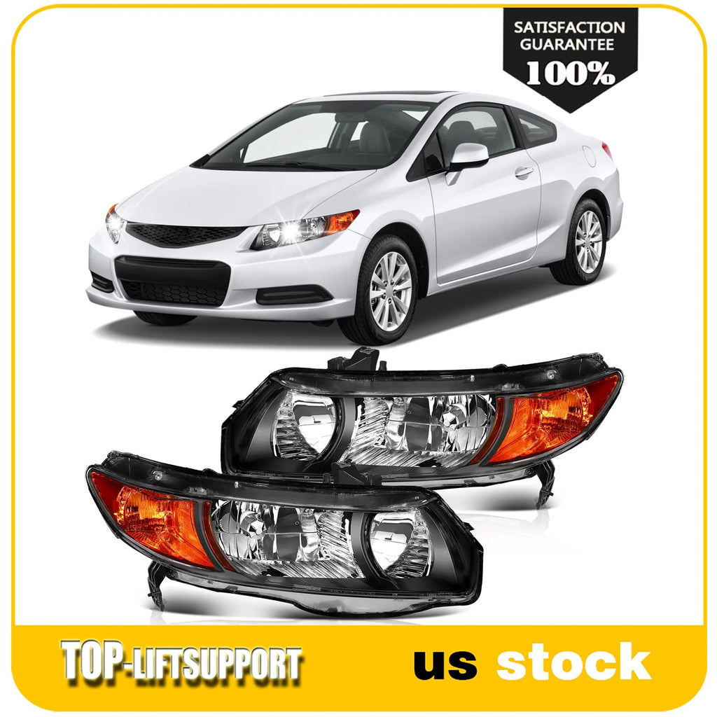 Set of 2 Headlight Assemblies for Honda Civic Coupe (2006–2011) Black Housing
