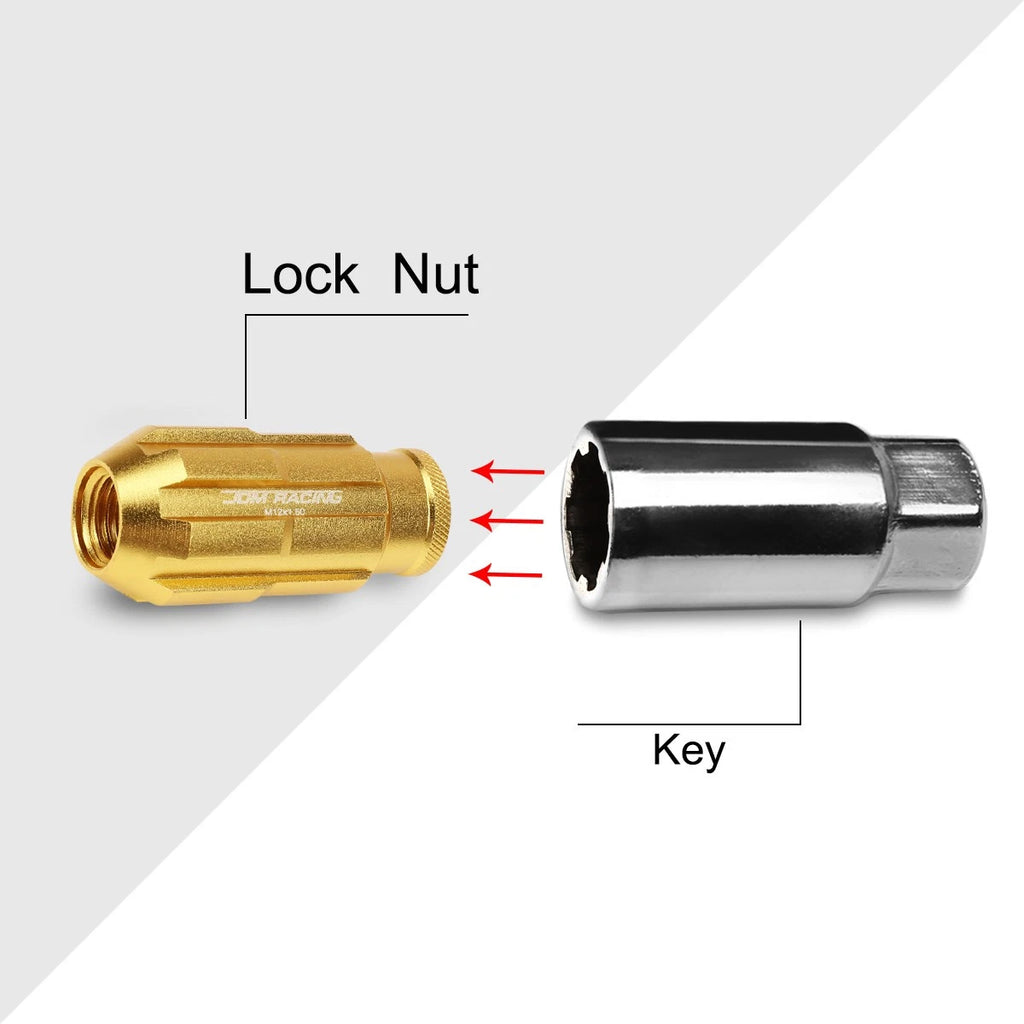 20Pc M12X1.5 Gold JDM Open End Bulge Spline Wheel Lug Nuts + Lock Key