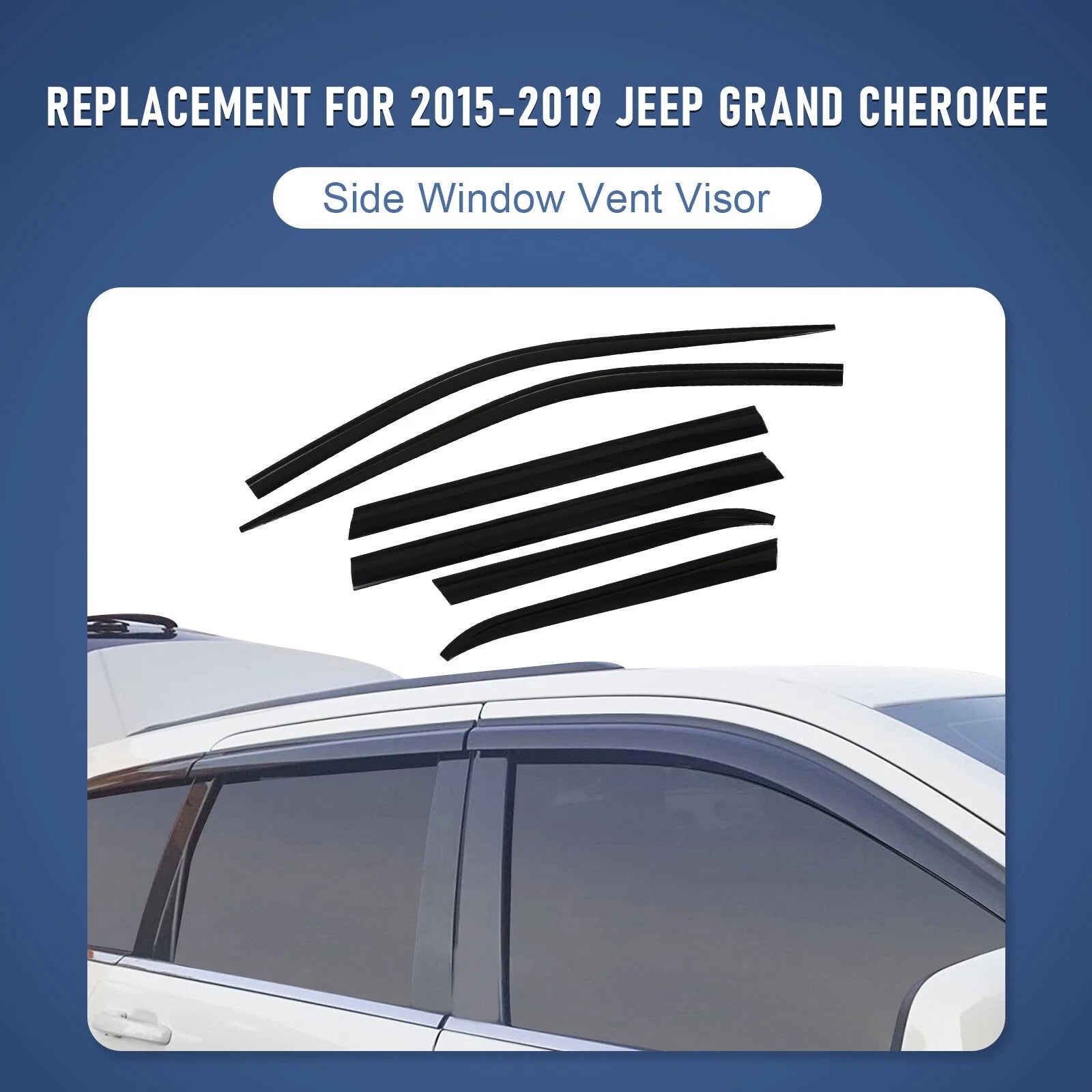 Set of 6 Smoke Door Visor Window Vent Deflectors for Jeep Cherokee (2015–2022)