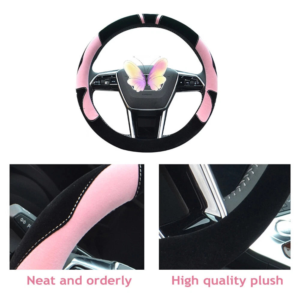 Plush Pink Steering Wheel Cover for Universal Fit (38CM)