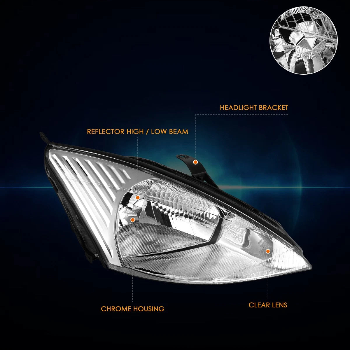 OE Style RH Passenger Side Headlight Lamp for Ford Focus (2000–2002) Chrome