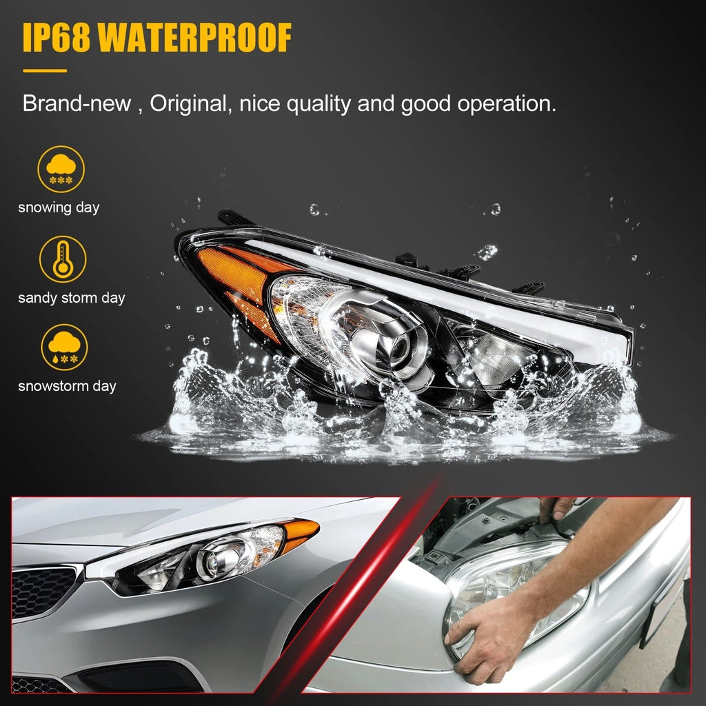 Headlight Assembly for Kia Forte (2014–2016) Black Housing Pair with Bulbs