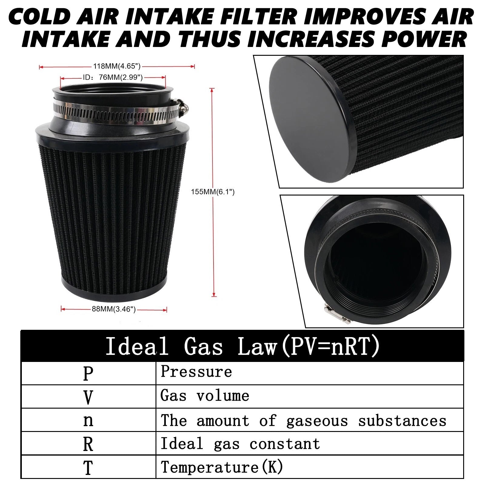 3" 76mm High Flow Inlet Dry Air Filter Cold Air Intake Cone Replacement