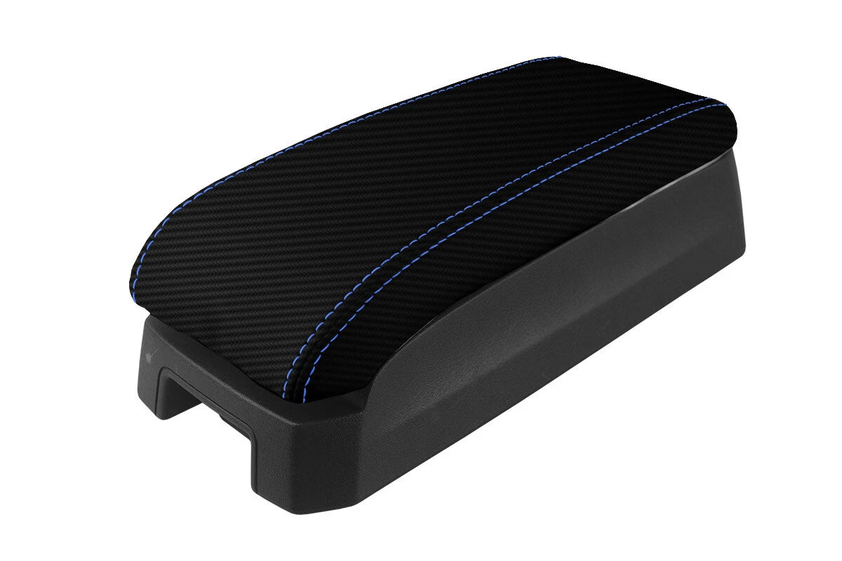 Console Lid Armrest Cover for Jeep Patriot (2009–2017) Carbon Fiber Blue Stitch