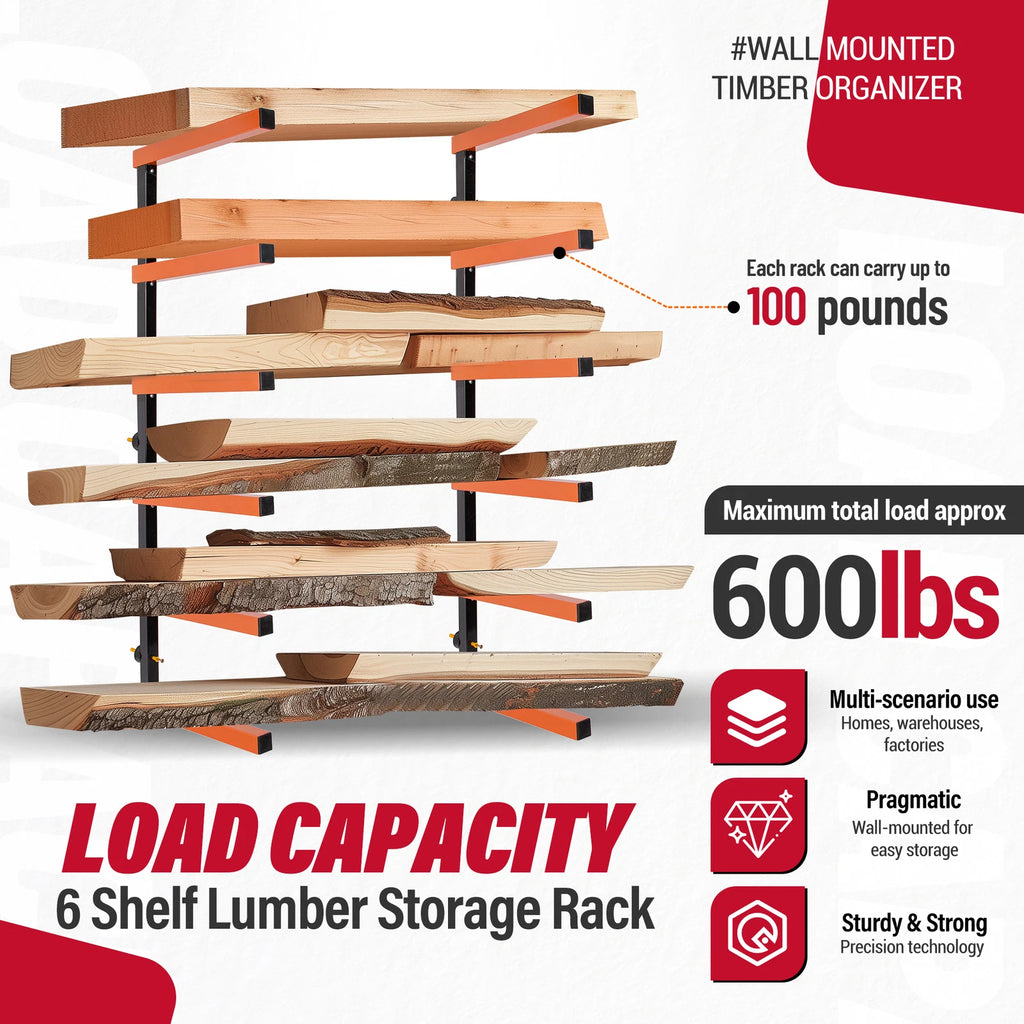 6-Level Wall Mount Lumber Storage Rack for Indoor & Outdoor Use