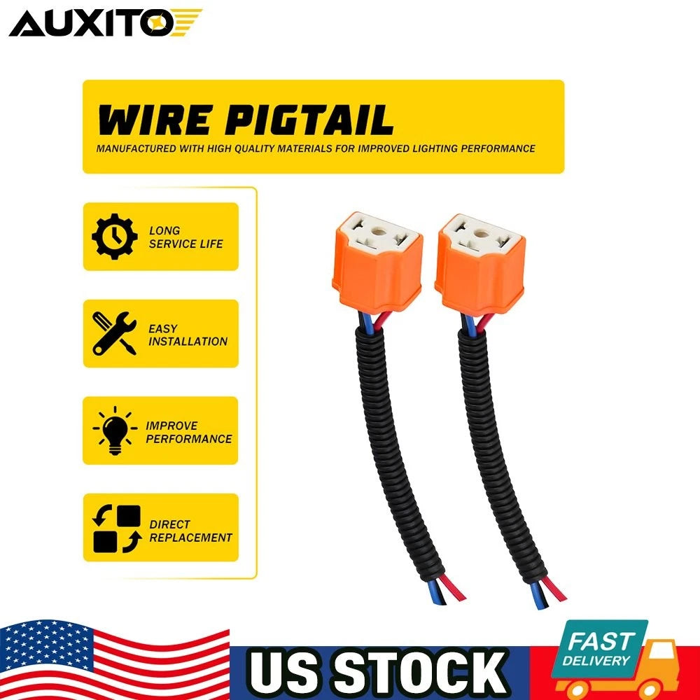 2X H4 9003 Female Ceramic Headlight Bulb Sockets Wire Pigtail Harness Connector for Universal