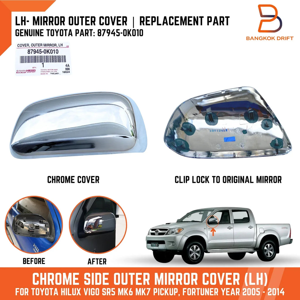 Left Chrome Outer Mirror Cover for Toyota Hilux Ute Vigo (2005-2014)