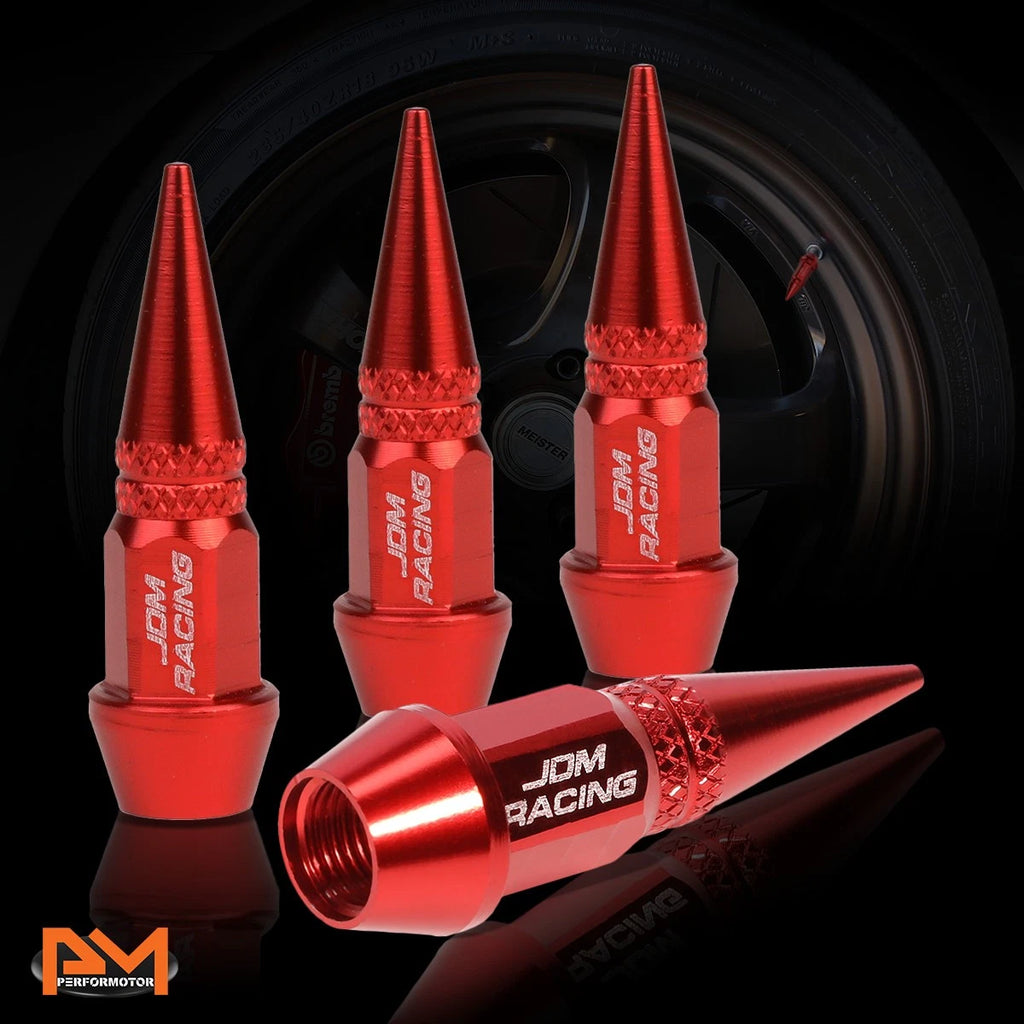 Set of 4 Red Aluminum Spiked Tire Valve Stem Caps for Universal Fit (45mm)