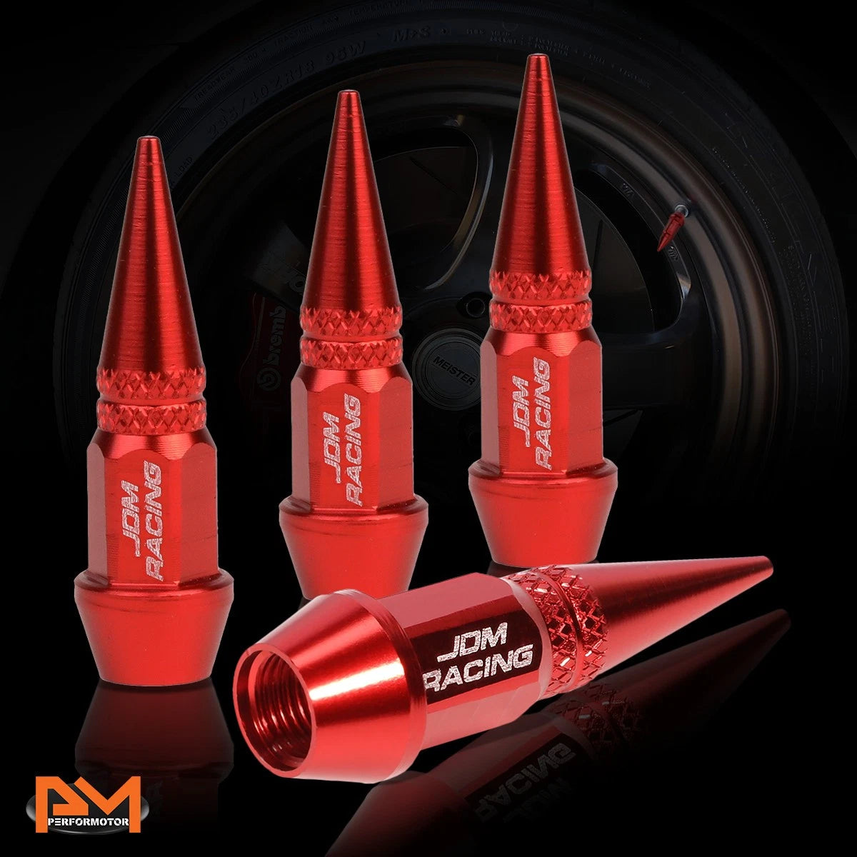 Set of 4 Red Aluminum Spiked Tire Valve Stem Caps for Universal Fit (45mm)