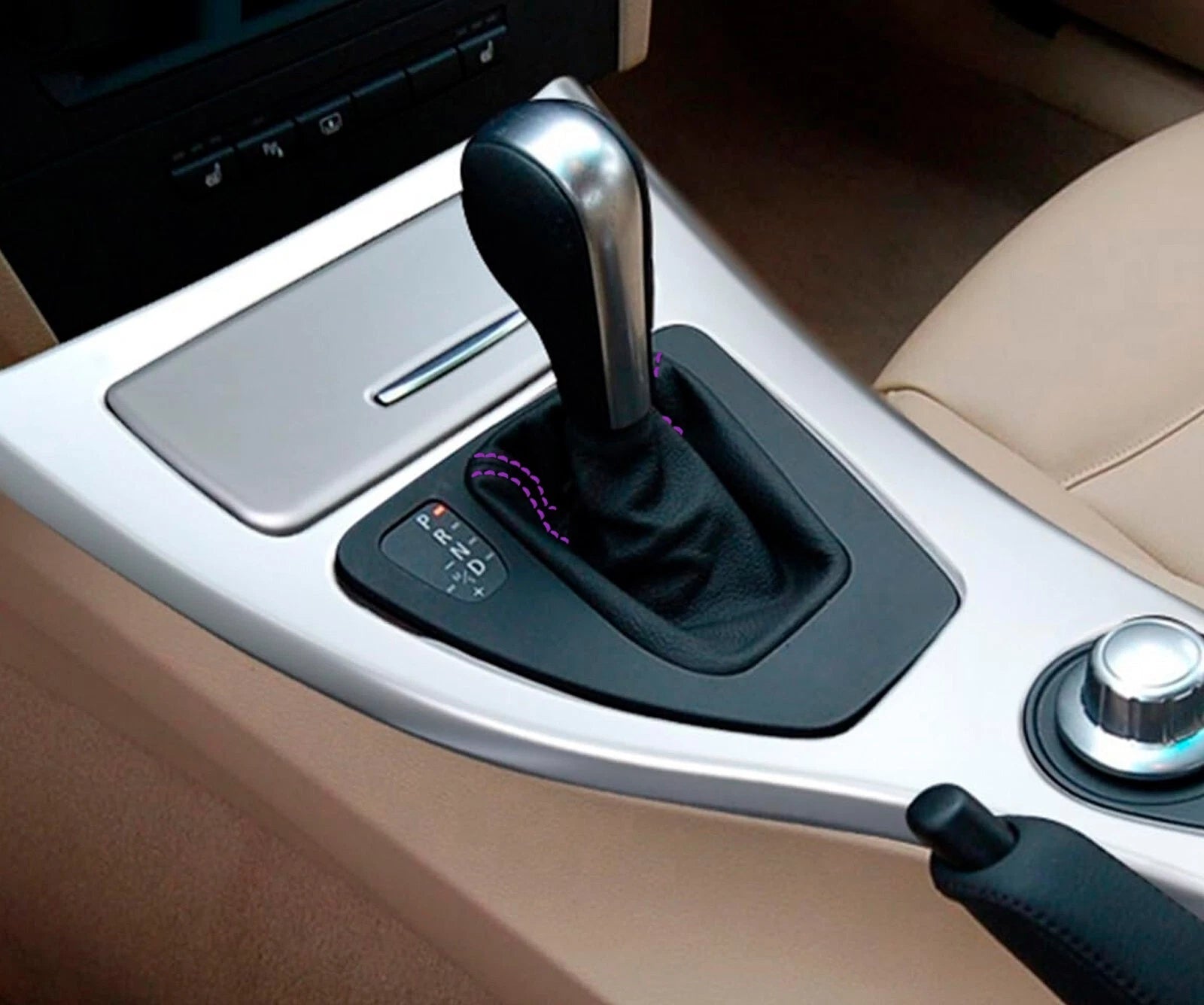 Shift Boot Cover for BMW E90 (2005–2013) - Leather with Purple Stitch