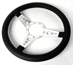 Polished 14 Inch Drilled 3 Spoke Steering Wheel with Leather Grip for 9 Hole