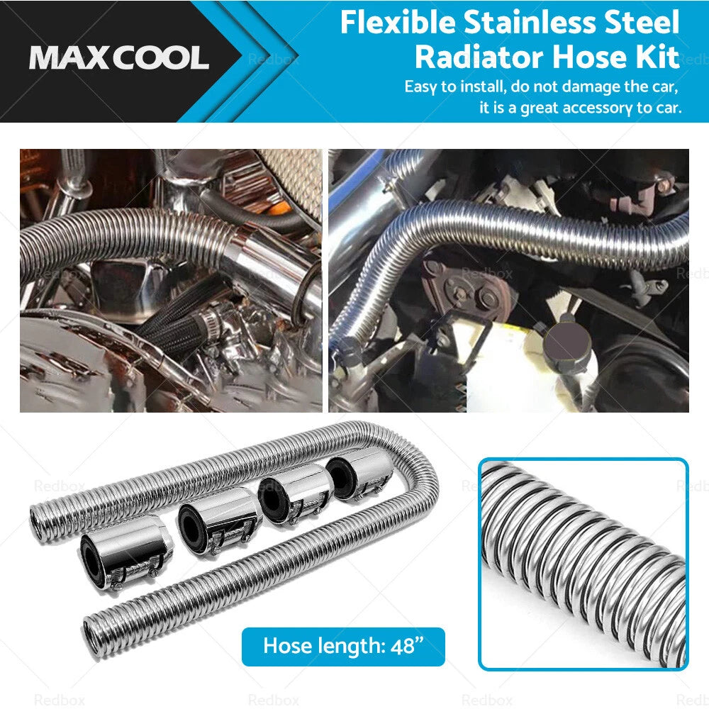 48" Flexible Stainless Steel Radiator Hose Kit for Cars with Chrome Caps