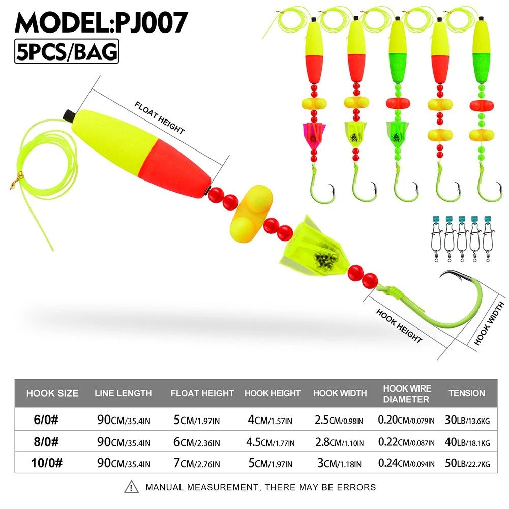 Set of 5 Float Fishing Rigs with Circle Hooks Sizes 6/0, 8/0, 10/0