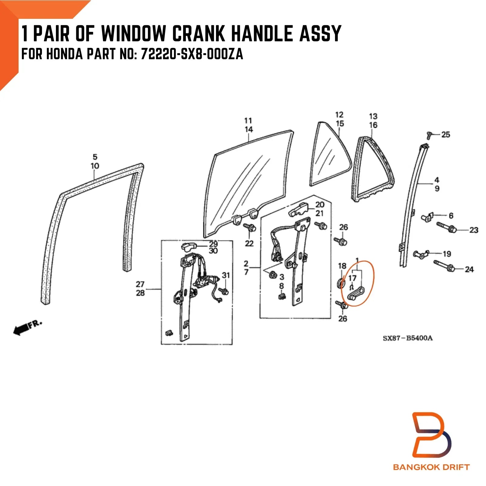 Grey Window Crank Handle for Honda Civic, City, Accord (1992-2000)