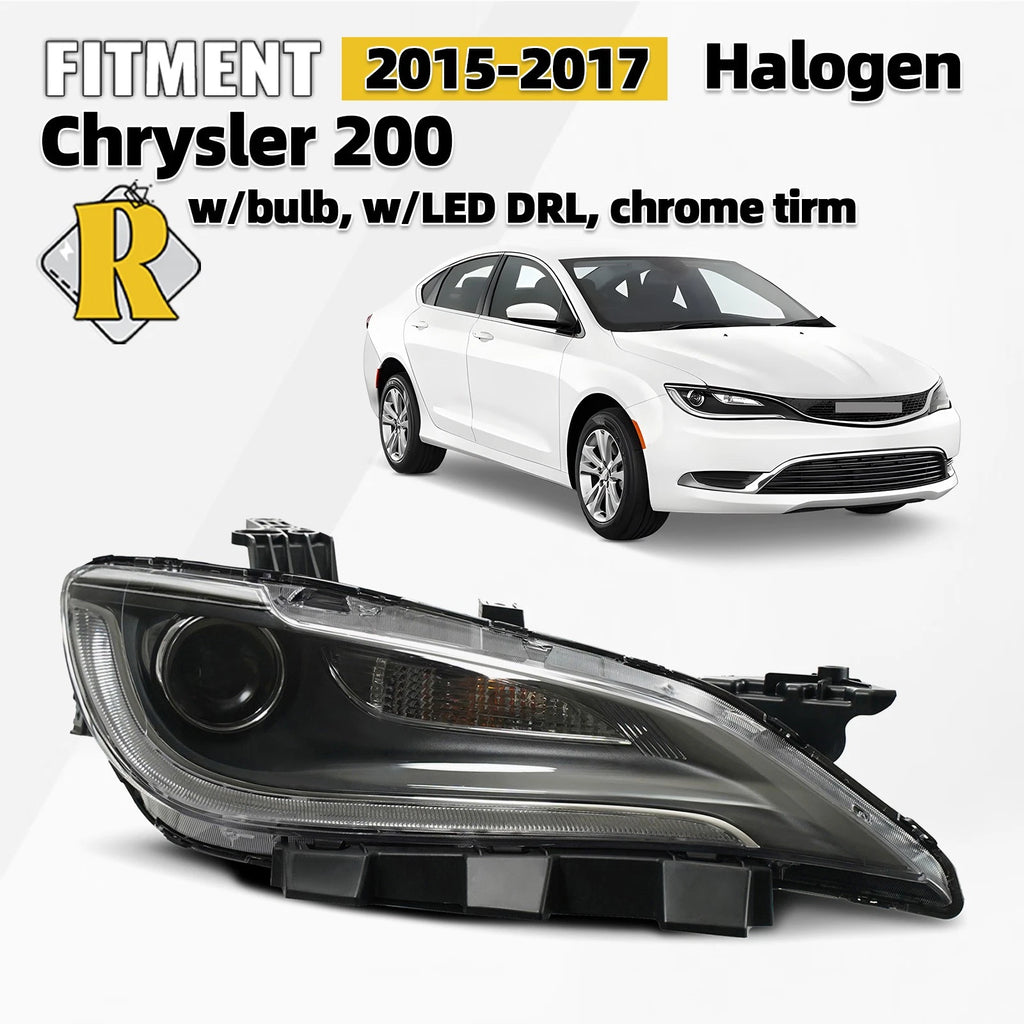 Halogen Headlight with LED DRL for Chrysler 200 (2015–2017) 8Pin Chrome Right