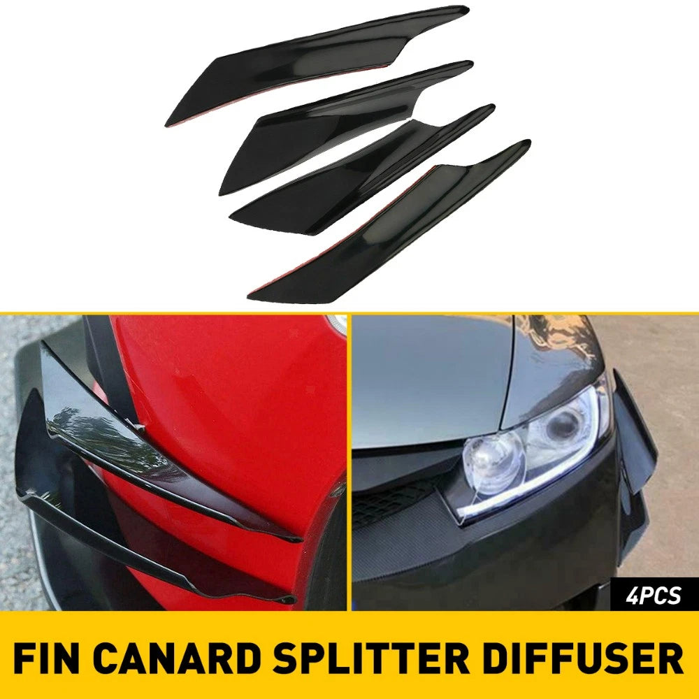 Set of 4 Glossy Black Bumper Canard Splitters for Universal Fit