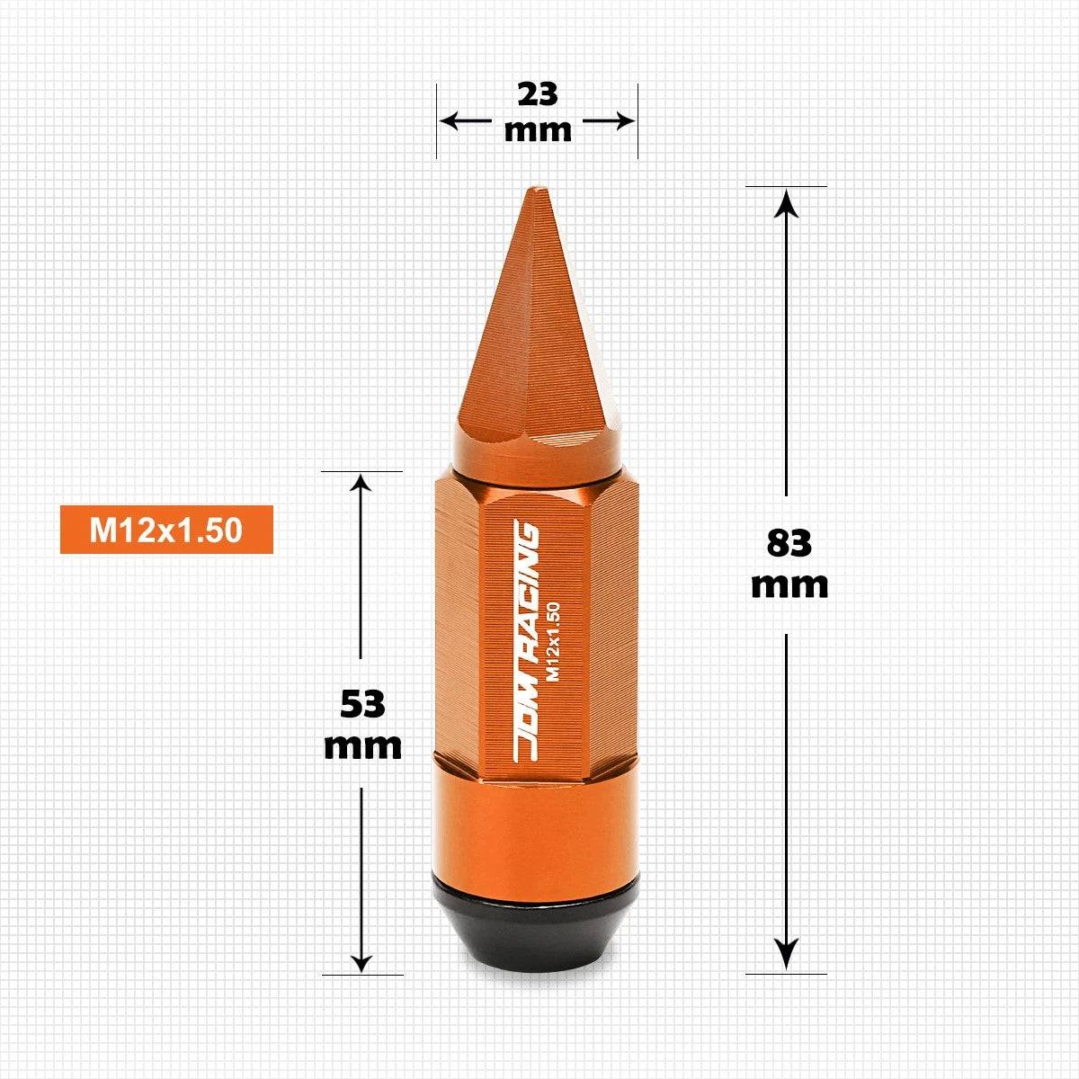 Set of 20 M12X1.5 Orange JDM Cone Spiked Cap Wheel Lug Nuts + Extension 23mmx83mm